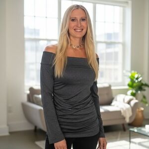 Boston Proper Charcoal Gray Metallic Ruched Portrait Neck Long Sleeve Top XS